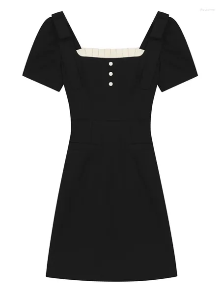 Partykleider französisch elegantes schwarzes Kleid für Frauen Luxus einfacher kurzärmeles Sommer Vintage Square Kragen Puff Slim Kleid Streetwear