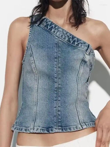 Frauen Tanks Unregelmäßige Off Schulter Denim Leibchen Weste 2024 Sommer Kurze Tank Tops Elegante Weibliche Pendler Casual Weste