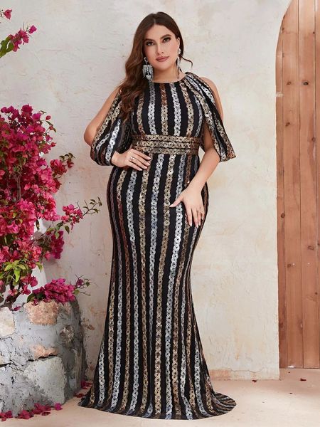 Tamanho grande vestidos de noite moda feminina lantejoulas drapeado manga aniversário vestidos de festa de casamento plus size feminino longo elegante vestido 240130