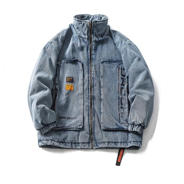 Japan Stil Stehkragen Männer Buchstaben Gedruckt Retro Denim Jacke Herbst Winter Vorne Große Taschen Zip Up Mantel Lose 240122