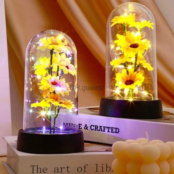 Luci notturne Girasole Luce notturna Fiore eterno Copertura in vetro Paralume Rosa eterna LED Luce Foil Fiore Creativo Desktop Decor YQ240207