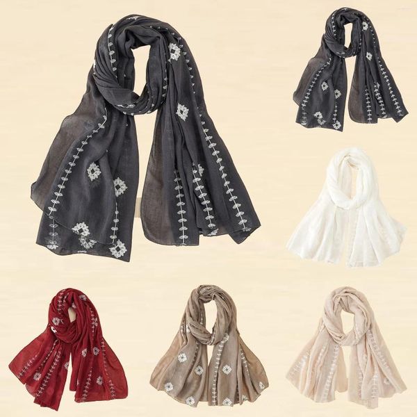 Lenços de linho bordado lenço de algodão mulheres moda longa fina lenços pashmina hijabs quadrado floral impressão bandana xales envoltórios