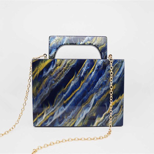 Venda quente pérola azul pintura cor ouro em pó acrílico jantar saco, bolsa de padrão de mármore feminino, saco de vestido 240207