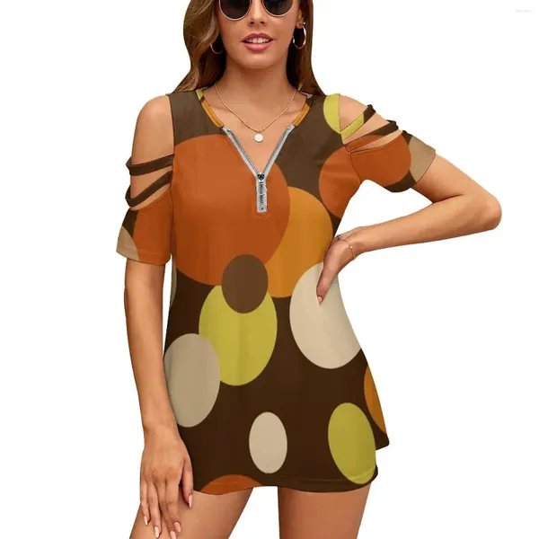 Camisas femininas Big 70s Polka Dots Brown Mulheres zíper sexy Tops vintage Tops completos de camiseta abstrata abstrata gráfica geométrica