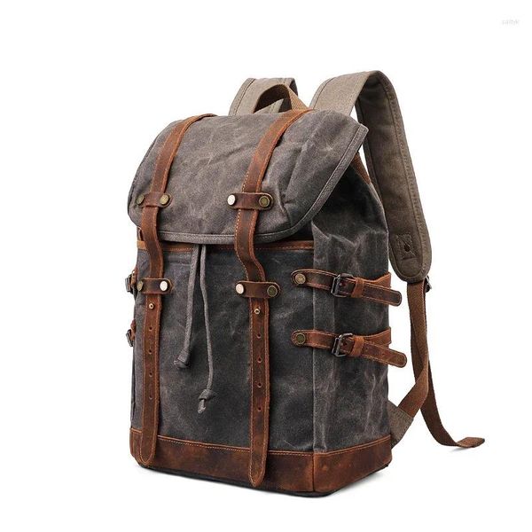 Rucksack Vintage Canvas Lederrucksäcke Männer Frauen Laptop Tagesrucksäcke Wasserdichte Rucksäcke Großer gewachster Bergsteiger-Reiserucksack