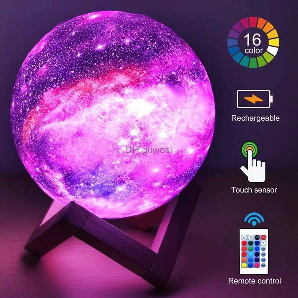 Luzes noturnas Impressão 3D Lâmpada lunar Galaxy Moon Light Kids 12/18cm Night Light 16 Mudança de cor Toque e controle remoto Galaxy Light como presentes YQ240207