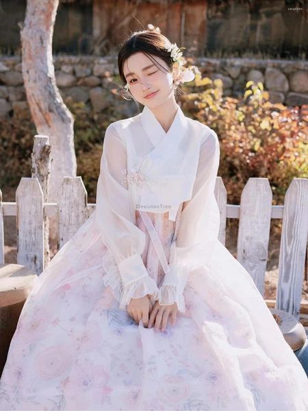 Etnik Giyim 2024 Kore tarzı kadınlar Geliştirilmiş Hanbok Po Günlük Kostüm Prenses Mahkemesi Elbise Etek Brace Gevşek Kırış Kadın W194