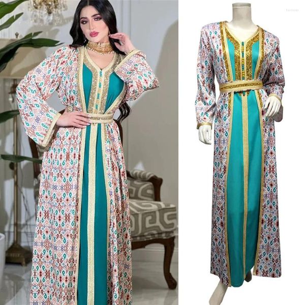 Abbigliamento etnico Eid Abito musulmano Jalabiya Medio Oriente Donna Abiti a due pezzi Arabo Dubai Stampa Abaya Marocchino Caftano Arabo 2024 Corban