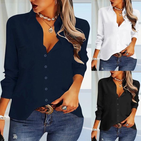 Blusas femininas mulheres decote em v camisa casual manga longa senhora do escritório trabalho primavera moda topos sólido branco preto botão para baixo camisas