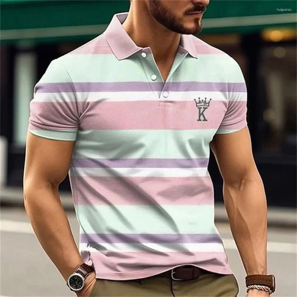 Herren Polos 2024 Poloshirt für Männer Streifen Kurzarm T-Shirts King Graphics Casual Business Button Top T-Shirts Sommerkleidung