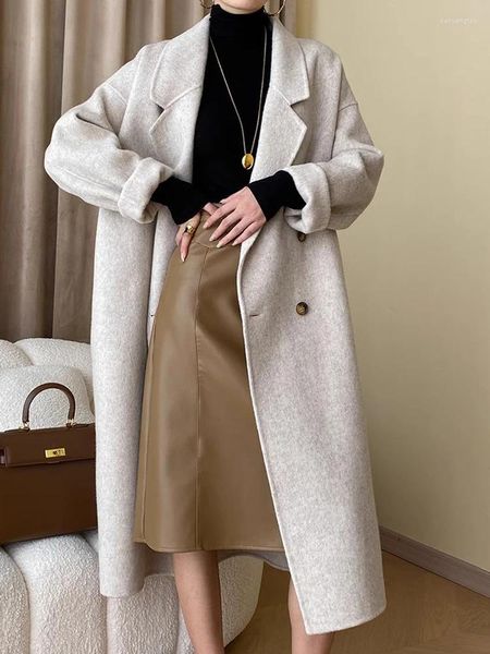 Повседневные платья, высококачественное шерстяное двустороннее шерстяное пальто средней длины, женское свободное и ленивое 2024, кашемир с волосами Tianshi