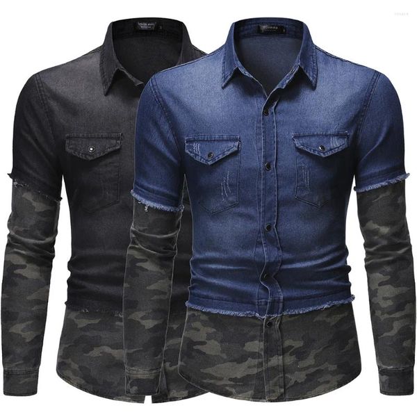 Camisas casuais masculinas 2024 europeu e americano denim manga comprida camuflagem camisa de retalhos para homens