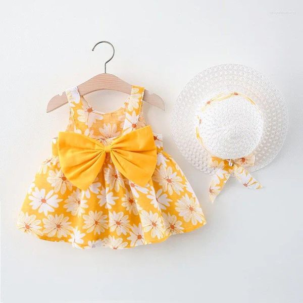 Vestidos de menina 2pcs/Setsummer Little Chrysanthemum Big Bow Straw Hat Salia Tesouro da Garota Cheia de Vestido