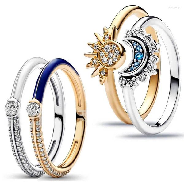 Anéis de cluster 925 prata esterlina brilhante gota cola sol lua original anel feminino festival namorada requintado jóias presente