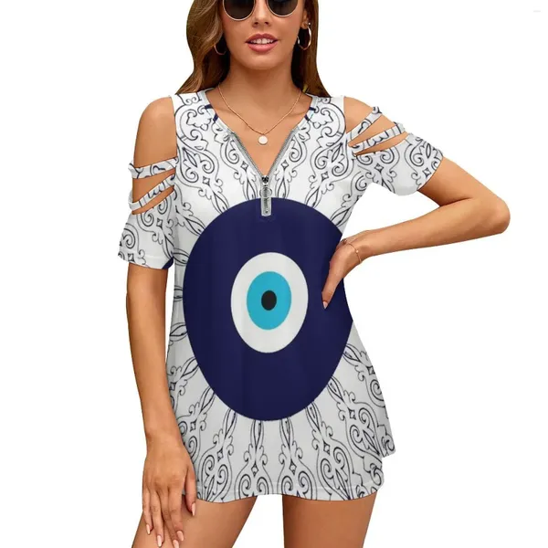 Mulheres Camisetas Marinho Azul Branco Mediterrâneo Evil Eye Mandala Padrão Mulheres Zipper Sexy Impresso Vintage Tops Full Print T-shirt Nazar