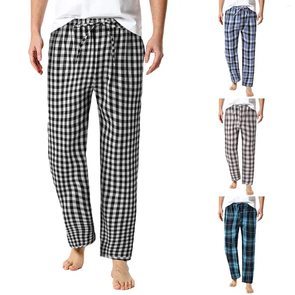 Männer Hosen 2024 Casual Schlafen Hosen Herren Plaid Print Pyjamas Lose Kordelzug Breite Bein Mode Kleidung Pantalones