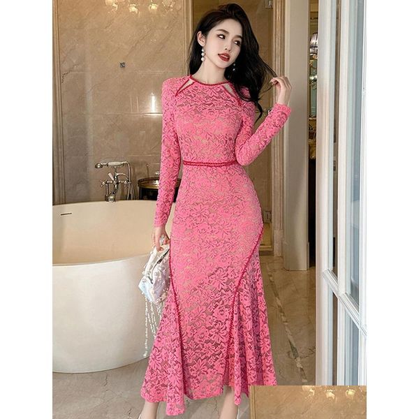 Vestidos casuais básicos francês baile para mulheres 2024 elegante vintage ver através de laço gancho flor oco fishtail robe femme festa colete dh32g