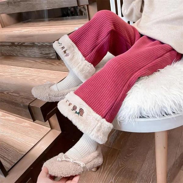 Calças femininas veludo veludo quente flare calças crianças inverno bordado com bolsos criança bebê bonito calça serve 2-10y