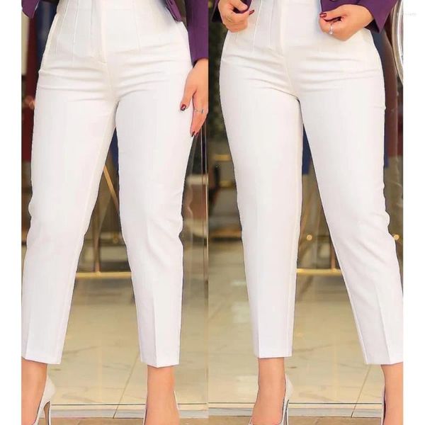 Calças femininas elegante cintura plissada trabalho para mulheres branco all-match diário ol Laides moda escritório formal desgaste calças de cintura alta