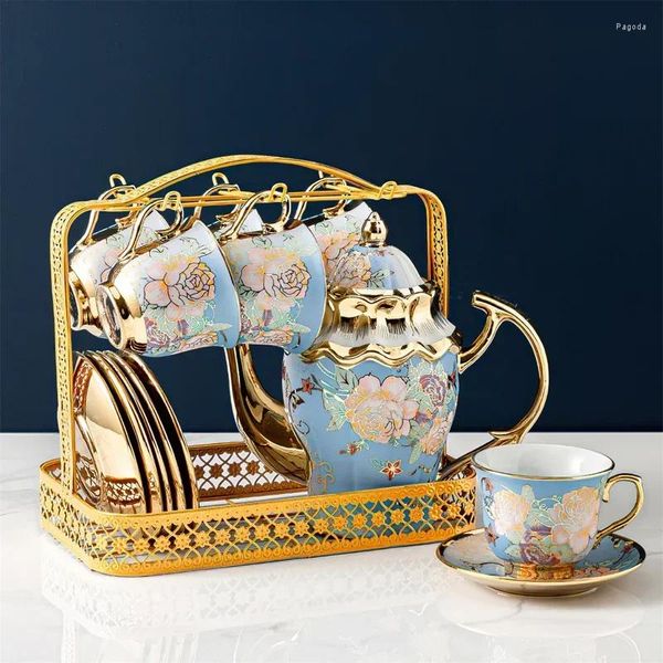 Set da tè 1 pentola 6 tazze piattino caffè in ceramica set da tè fiori nordici in oro portabicchieri decorazione della casa articoli per l'acqua