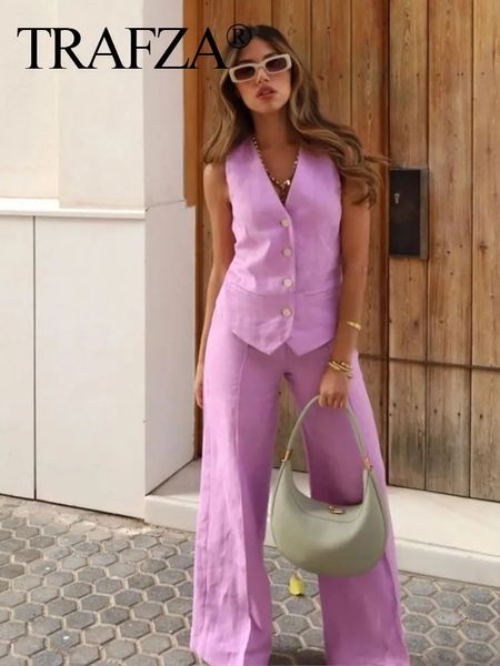 Trafza feminino elegante sólido calça terno único breasted colete superior vintage lado zíper calças finas define streetwear 240124