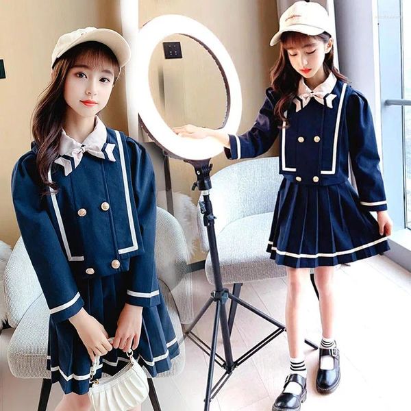 Set di abbigliamento Uniforme scolastica di moda per ragazze Primavera Autunno Blu scuro Bambini Camicia da uomo Gonne Abiti formali 4-14 anni