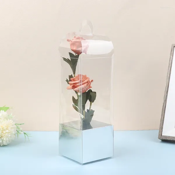 Einkaufstaschen 1 stück PVC Transparent Panorama Rose Einzelne Blume Box Tragbare Leuchtturm Valentinstag Bouquet Verpackung