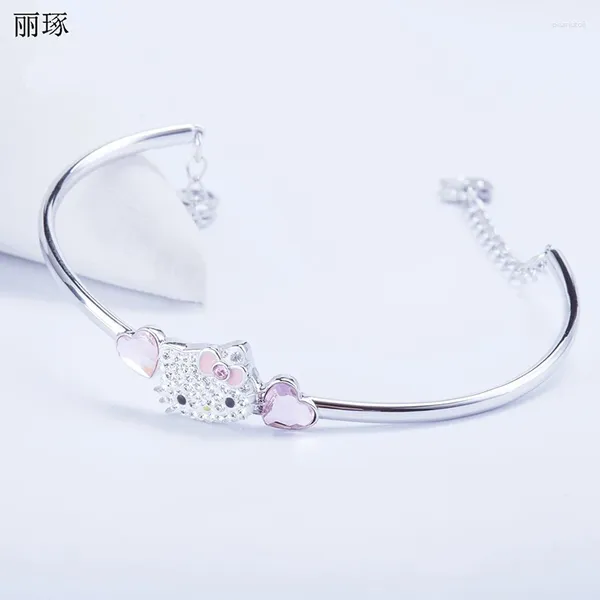 Bangle Austríaco Strass KT Rosa Pêssego Amor Coração Cristal Pulseira Aço Inoxidável Titânio Anti-branqueamento Imitação Alergia