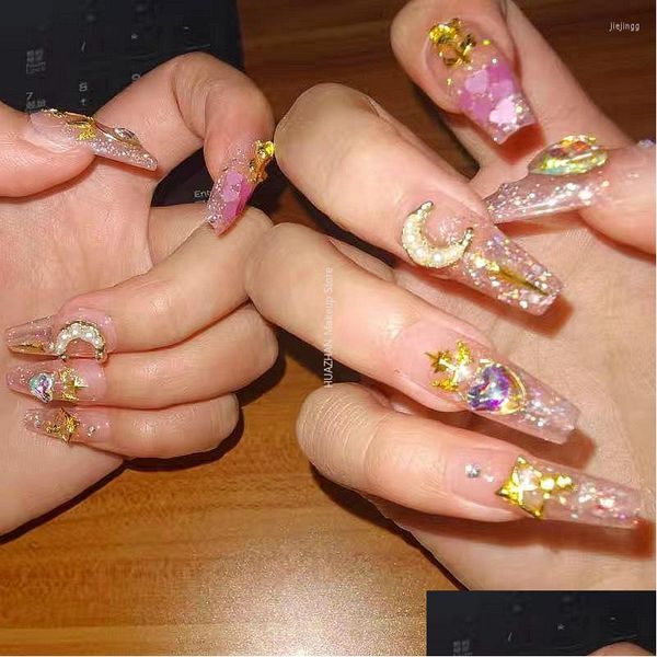 Falsas unhas artesanais y2k rosa glittery falso prego com cola reutilizável amêndoa caixão dicas strass imprensa em diy manicure gota entregar dhqbs