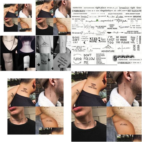 Tatuagens temporárias 56 folhas impermeável tatuagem adesivo preto diabo não dorme letras inglesas tatoo falso tatto pescoço pulso para mulher m dhkdd