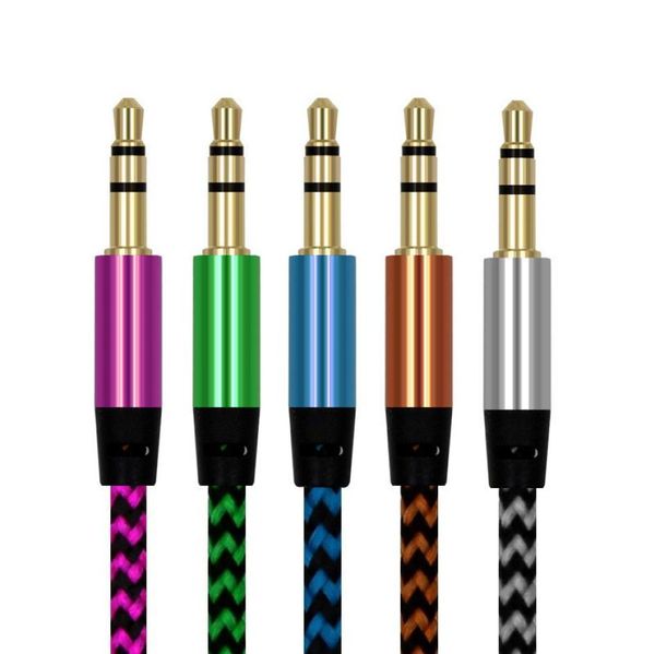 100 Pçs/lote Nylon 3.5mm a 3.5mm Jack o Cabo Macho para Macho Ouro Plug Carro Aux Cord para iphone 7 Samsung para speaker3027202