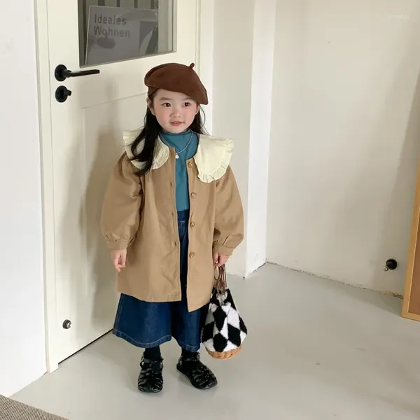 Jacken 2024 Herbst Kinder Baby Mädchen Spitze Puppe Kragen Mantel Strickjacke Baumwolle Koreanische Mode Soild Farbe Langarm Einreiher