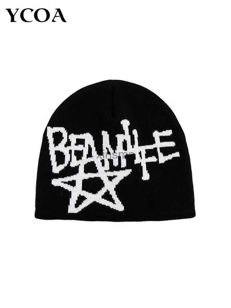 Beanie/Skull Caps Donna Cappello Beanie Knitting Lettera Star Graphic Inverno Y2k Streetwear Nero Estetico Moda coreana Pullover Kpop Hip Hop Unisex YQ240207