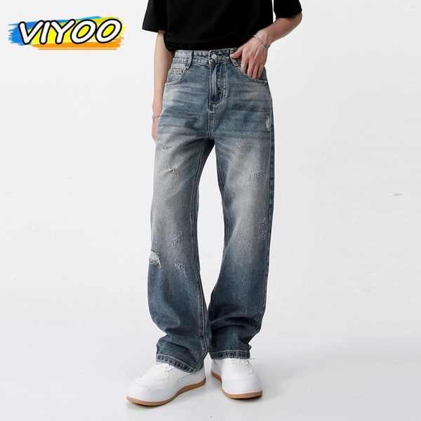 Jeans masculinos 77% algodão angustiado vintage calças azuis homens calças jeans de perna larga masculino streetwear casual y2k baggy coreano