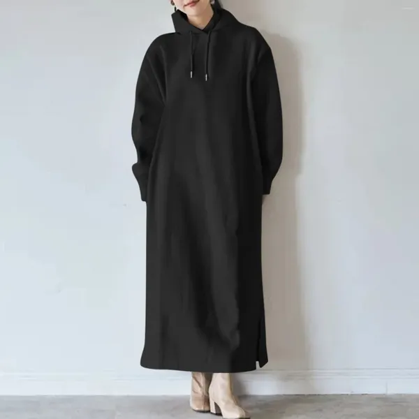 Vestidos casuais outono feminino/inverno super comprimento com capuz sólido manga de cor sólida traseira moletom de moletom preto