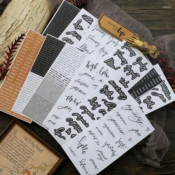 Envoltório de presente 12 folhas preto branco frase adesivos lixo diário planejador palavras vintage estética artesanal scrapbooking material