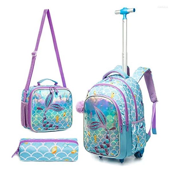 Sacos escolares Crianças Rolling Backpack Set Wheeled Schoolbag Crianças com saco de almoço isolado e estojo de lápis para meninos meninas