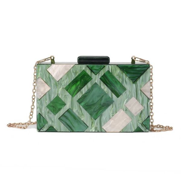 Neue Green Grid Karierte Acryl-Handtasche, modische Spleiß-Umhängekette, Abendessentasche, Hochzeitsbox 240207