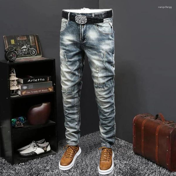 Jeans masculinos 2024 queda reta rasgado estiramento denim calças na moda buraco rasgado retalhos homens magro ajuste casual sem cinto