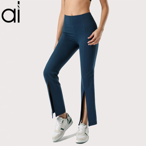 Al yoga parlama tozlukları yüksek bel çırpınan kadınların bölünmüş yüksek kaliteli bootcut pantolon kalça kaldırma streç, bacakları slim-fit havalandırma tekme salonu pantolonları gösterir