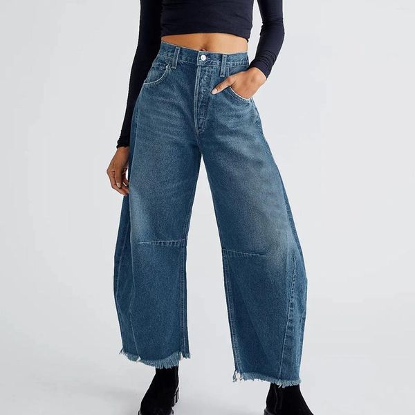 Damen-Jeans mit Hose für Damen, hoch, weites Bein, lockerer Boyfriend-Jeans-Overall mit lockerer Passform