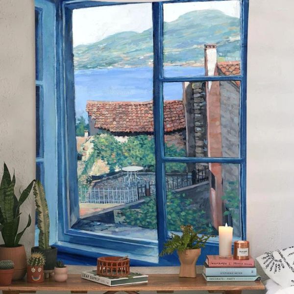 Tapeçarias arte pintura a óleo azul pastoral poster tapeçaria janela cenário fundo pano de parede pendurado casa quarto decoração