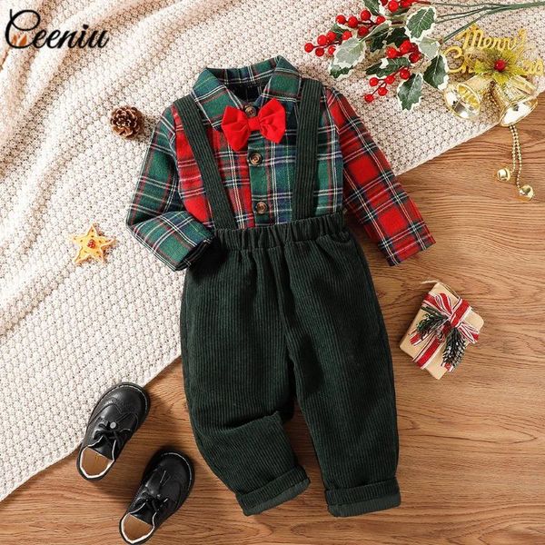 Set di abbigliamento Ceeniu Baby Kids Abiti natalizi Completi Ragazzi Camicie scozzesi rosse Velluto a coste Tuta verde Anno di nascita Costume per