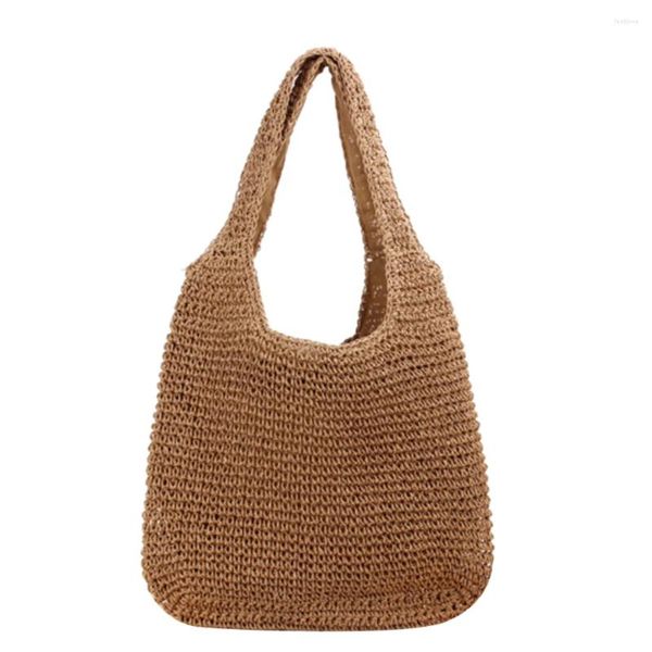 Borsone da donna Boho con manico in paglia Tote, secchiello per tessitura fatto a mano, tessuto a mano, grande, con cerniera, per le vacanze estive al mare