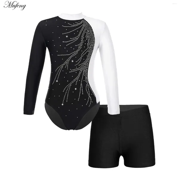 Bühnenkleidung Mädchen Langarm-Gymnastik-Trikot Ganzanzug mit Shorts 2-teiliges Outfit Ballett-Tanz-Bodysuit Biketard Dancewear Training