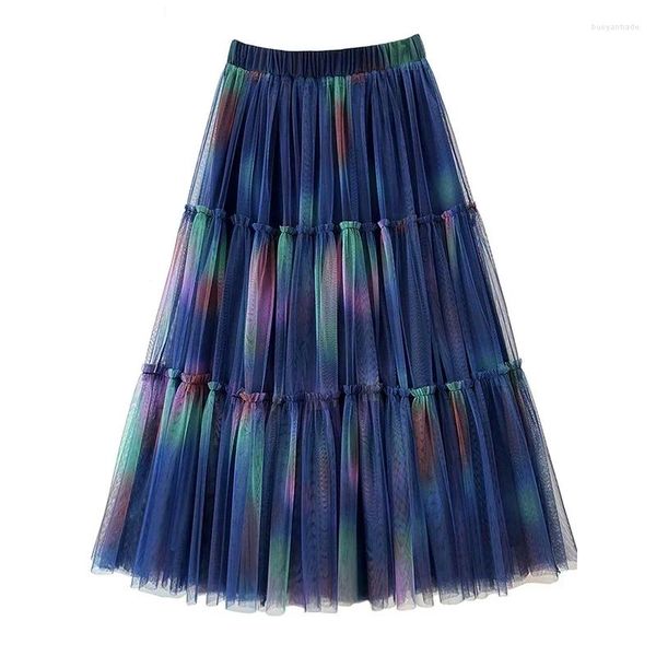 Saias moda multicor maxi tule saia para mulheres estética em camadas uma linha cintura alta plissada longa malha feminina p445