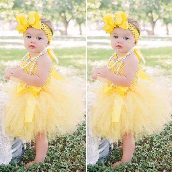 Vestidos de menina bonito bebê meninas amarelo tutu vestido infantil criança crochê tule com laço de cabelo conjunto crianças festa de aniversário traje