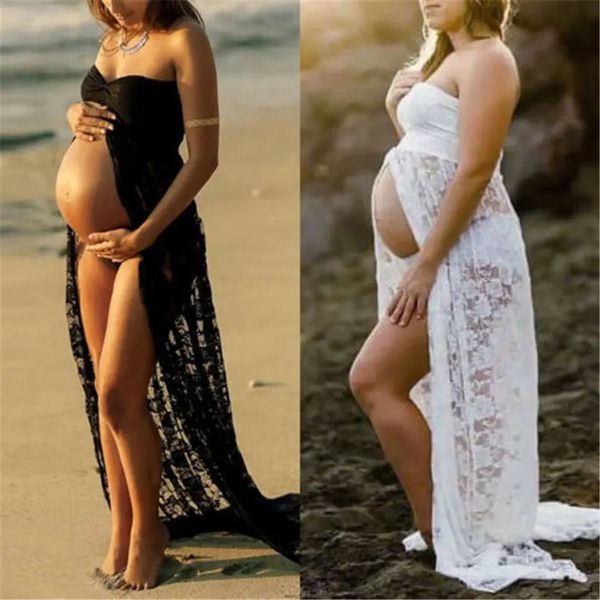Pogal adereços maternidade sexy renda maxi vestidos vestido grávida sem mangas strapless po shoot vestido de verão 240122