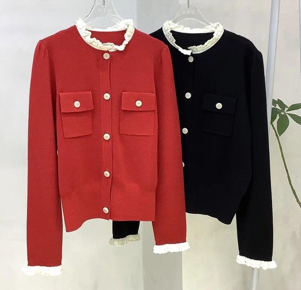 Jaquetas femininas 2024 primavera moda malha cardgian casacos de alta qualidade tricô mulheres rendas bordado deco manga longa vermelho preto tops casaco