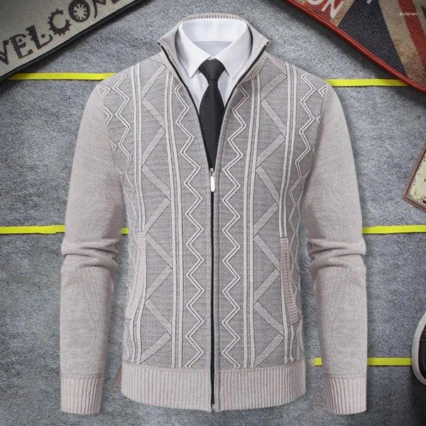 Maglioni da uomo 1Pc Uomo Autunno Inverno Cardigan Maglione Tasche Chiusura con cerniera Cappotto di lavoro a maglia Colletto alla coreana Finiture a coste Motivo a onde